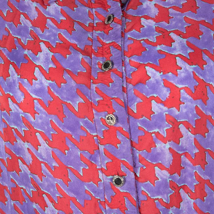 Pre Owned CH Carolina Herrera Purple and Red Houndstooth Print Belted Tunic Dress M
