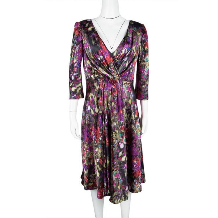 Pre Owned CH Carolina Herrera Floral Printed Silk Satin Pleated Front Detail Dress M
