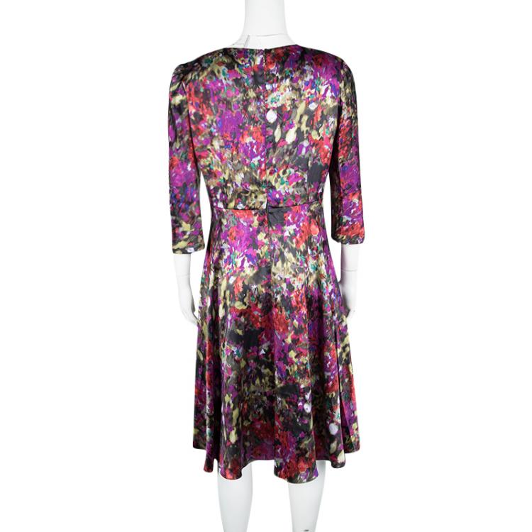 Pre Owned CH Carolina Herrera Floral Printed Silk Satin Pleated Front Detail Dress M
