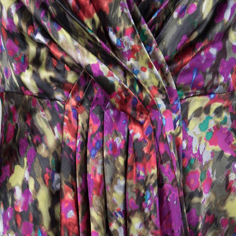 Pre Owned CH Carolina Herrera Floral Printed Silk Satin Pleated Front Detail Dress M