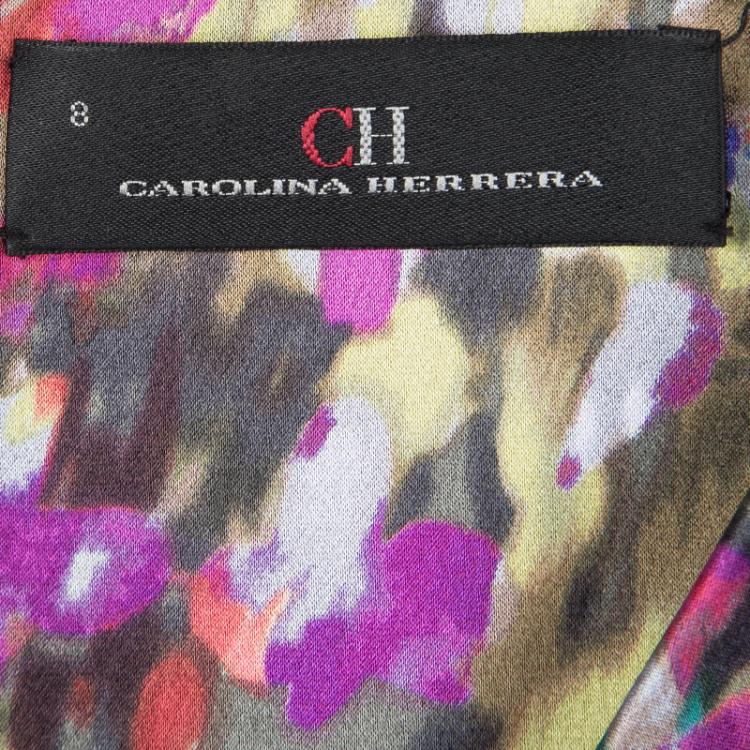 Pre Owned CH Carolina Herrera Floral Printed Silk Satin Pleated Front Detail Dress M