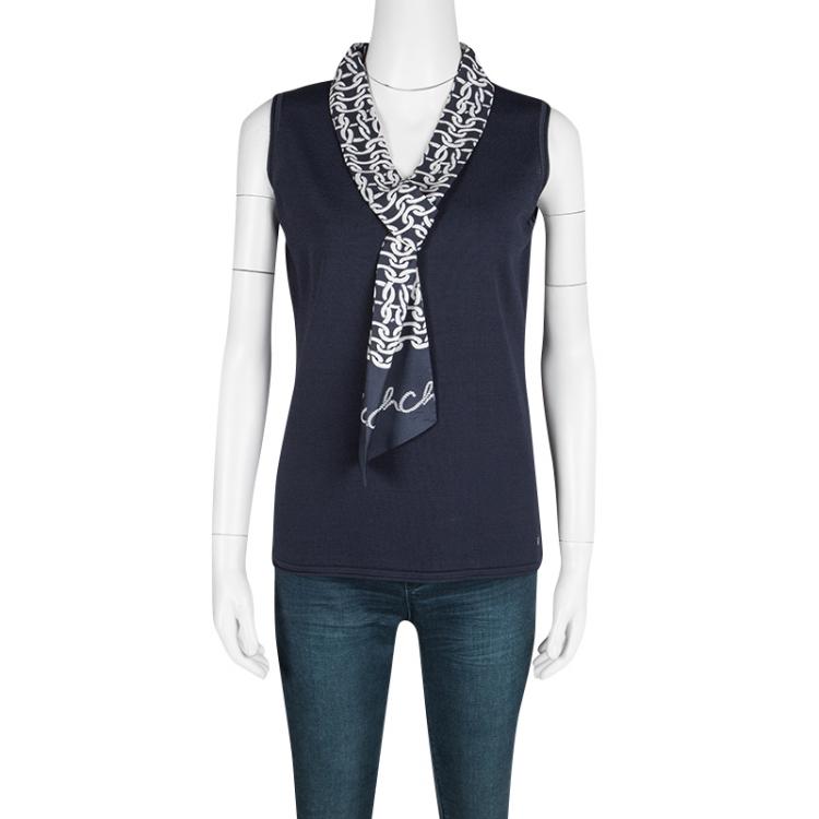 Pre Owned CH Carolina Herrera Navy Blue Contrast Faux Scarf Detail Sleeveless Top L