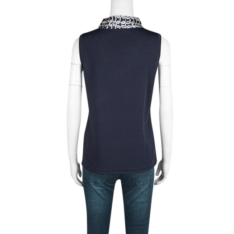 Pre Owned CH Carolina Herrera Navy Blue Contrast Faux Scarf Detail Sleeveless Top L