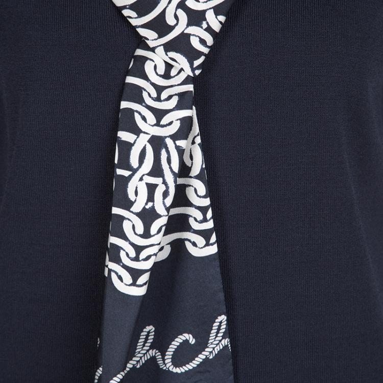 Pre Owned CH Carolina Herrera Navy Blue Contrast Faux Scarf Detail Sleeveless Top L