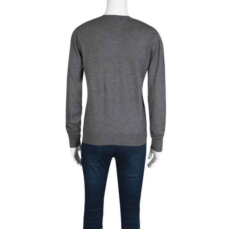 Pre Owned CH Carolina Herrera Grey Wool Logo Embroidered V-Neck Sweater M