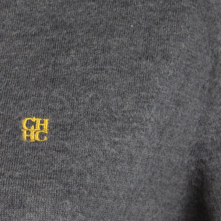 Pre Owned CH Carolina Herrera Grey Wool Logo Embroidered V-Neck Sweater M