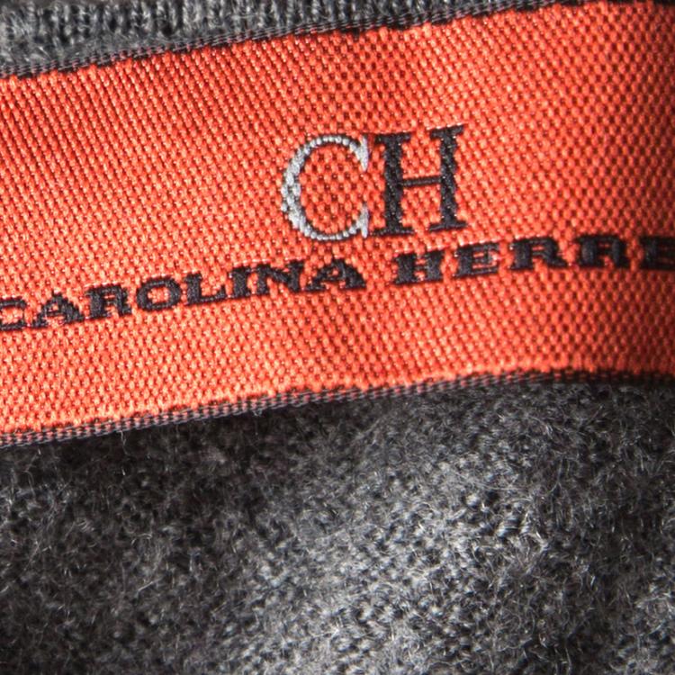 Pre Owned CH Carolina Herrera Grey Wool Logo Embroidered V-Neck Sweater M