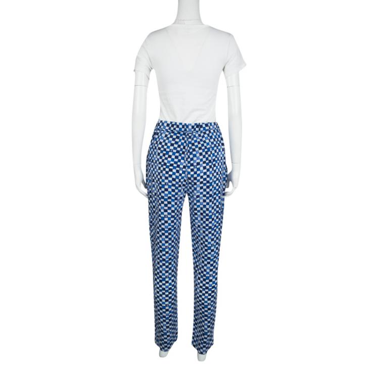 Pre Owned CH Carolina Herrera Blue And White Check Printed Silk Elasticized Waist Pants S
