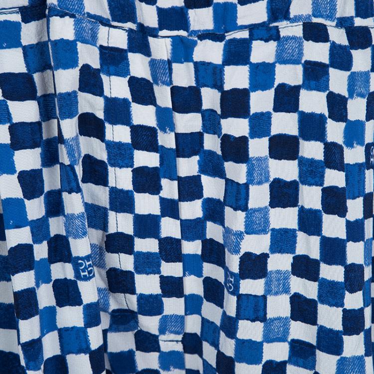 Pre Owned CH Carolina Herrera Blue And White Check Printed Silk Elasticized Waist Pants S