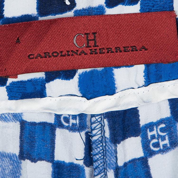 Pre Owned CH Carolina Herrera Blue And White Check Printed Silk Elasticized Waist Pants S