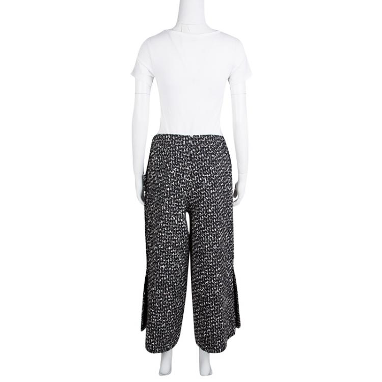 Pre Owned CH Carolina Herrera Monochrome Tweed Fringe Edged Slit Detail Culottes M