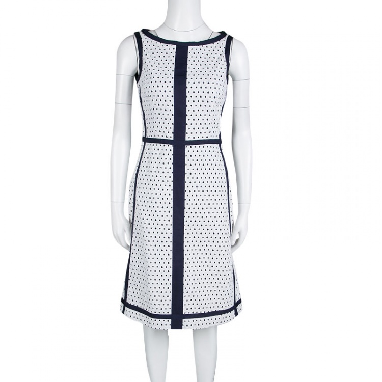 Pre Owned CH Carolina Herrera Navy Blue and White Eyelet Embroidered Sleeveless Dress S