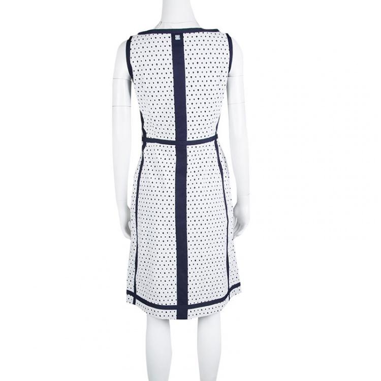 Pre Owned CH Carolina Herrera Navy Blue and White Eyelet Embroidered Sleeveless Dress S