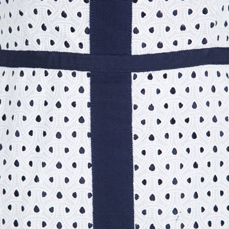 Pre Owned CH Carolina Herrera Navy Blue and White Eyelet Embroidered Sleeveless Dress S