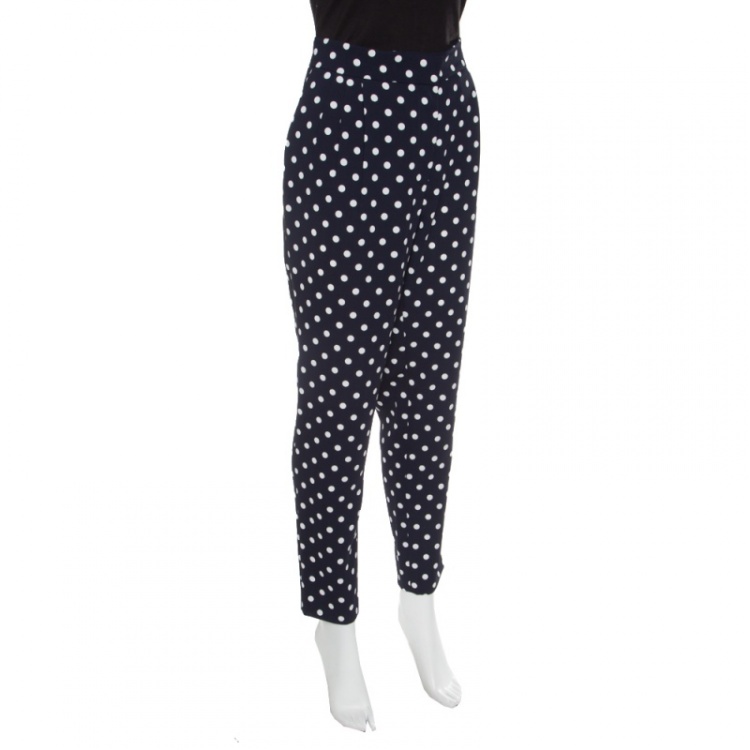 Pre Owned CH Carolina Herrera Navy Blue Polka Dotted Tapered High Waist Trousers M