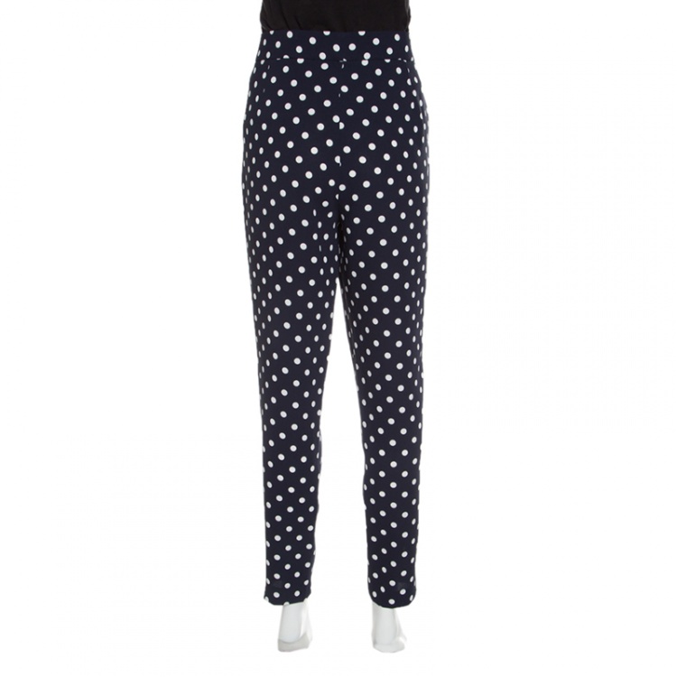 Pre Owned CH Carolina Herrera Navy Blue Polka Dotted Tapered High Waist Trousers M