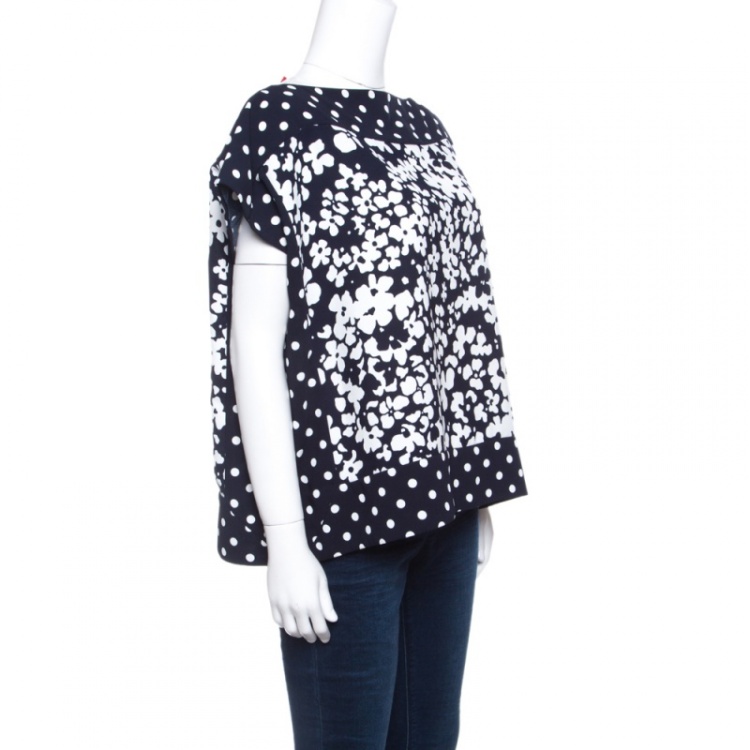 Pre Owned CH Carolina Herrera Navy and White Floral Print Square Top M