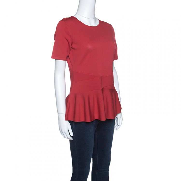 Pre Owned CH Carolina Herrera Red Knit Short Sleeve Peplum Top M