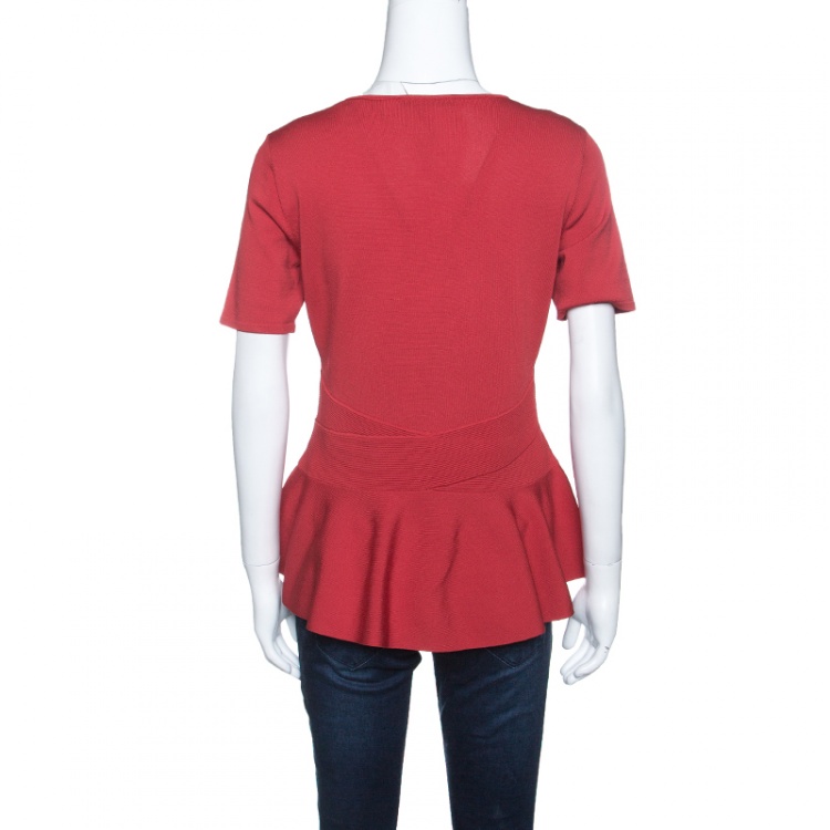 Pre Owned CH Carolina Herrera Red Knit Short Sleeve Peplum Top M