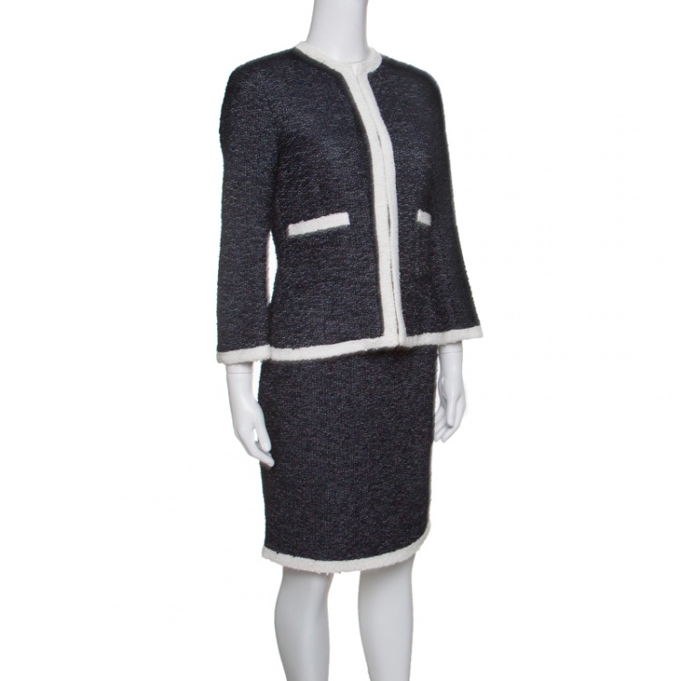 Pre Owned CH Carolina Herrera Navy Blue Textured Contrast Trim Detail Skirt Suit S