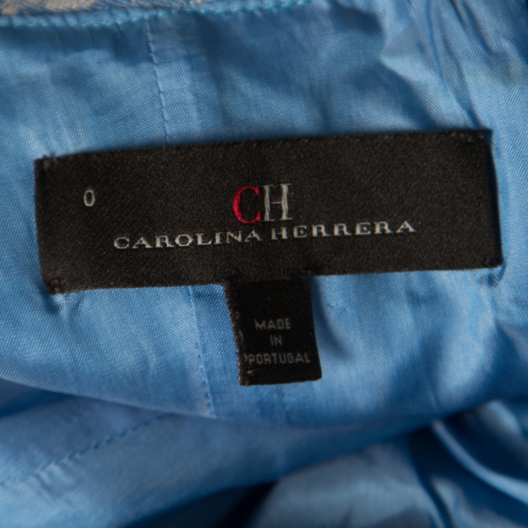 Pre Owned CH Carolina Herrera Blue Floral Brocade Strapless Fit and Flare Dress XS