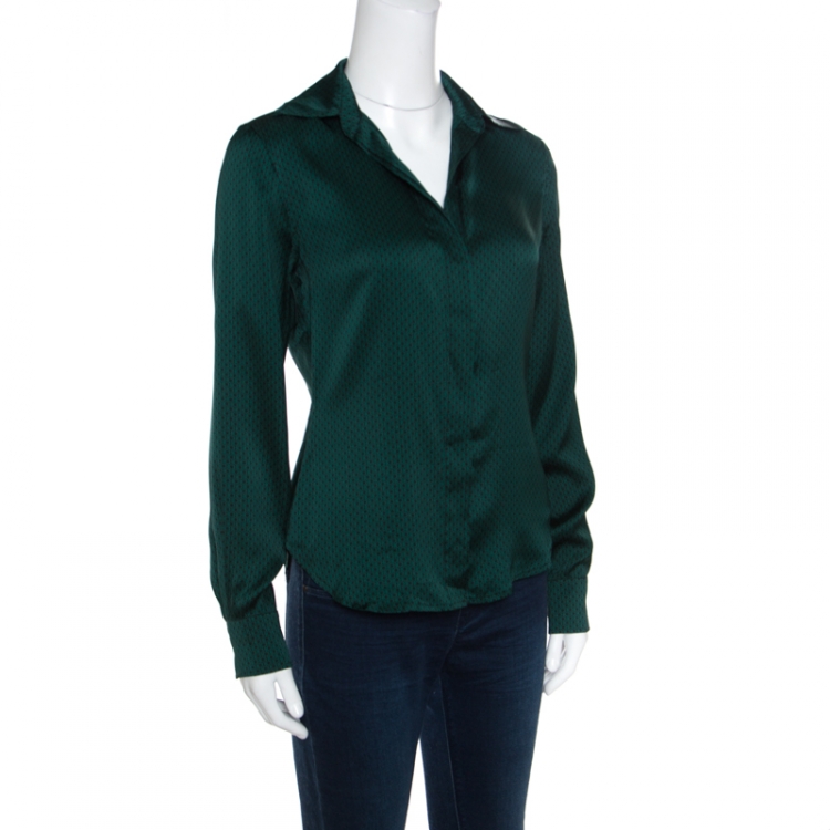 Pre Owned CH Carolina Herrera Black and Green Logo Printed Satin Long Sleeve Shirt S