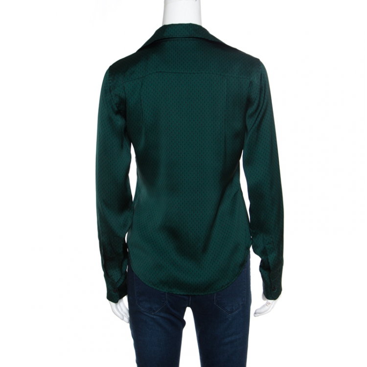 Pre Owned CH Carolina Herrera Black and Green Logo Printed Satin Long Sleeve Shirt S