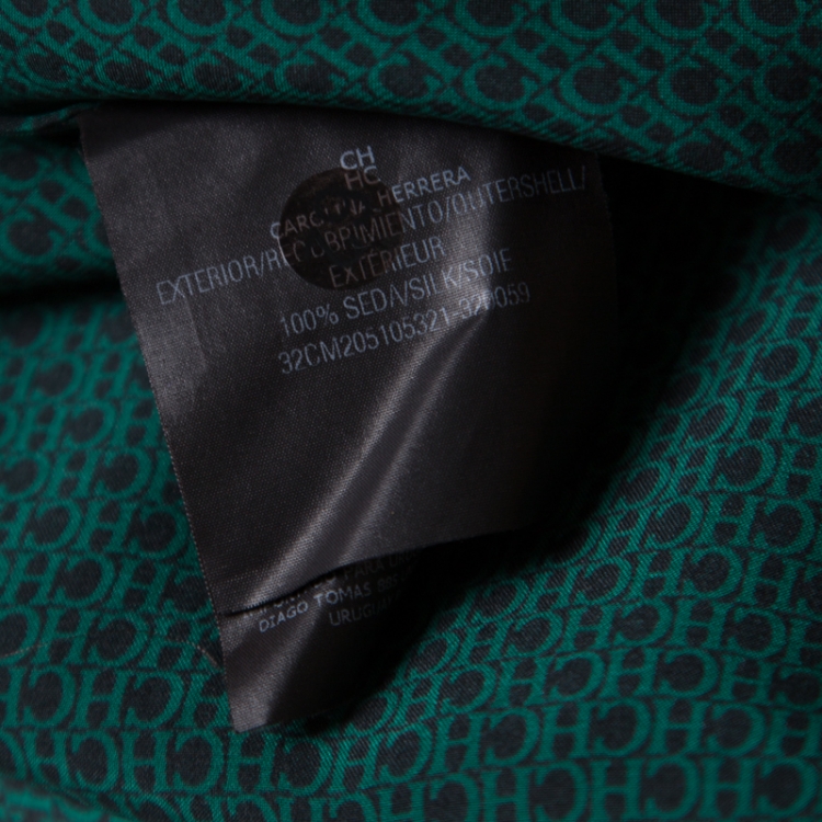 Pre Owned CH Carolina Herrera Black and Green Logo Printed Satin Long Sleeve Shirt S