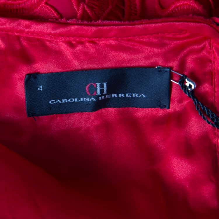 Pre Owned CH Carolina Herrera Red Lace Belted Sleeveless Dress S