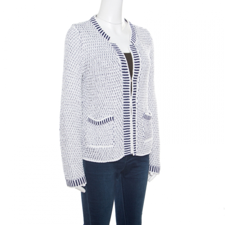 Pre Owned CH Carolina Herrera White and Navy Blue Textured Jacket M