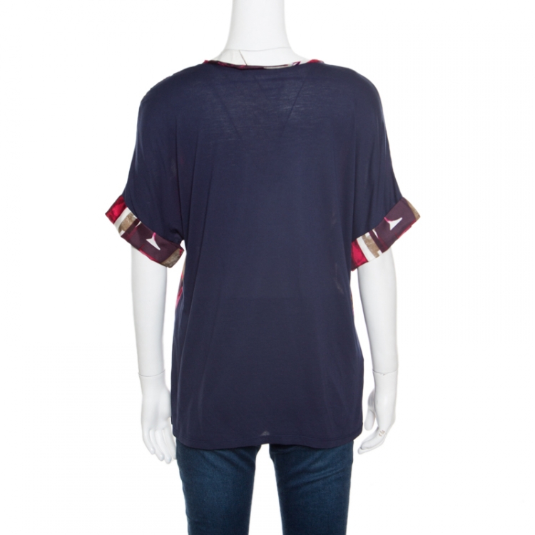 Pre Owned CH Carolina Herrera Multicolor Printed Front Silk Paneled Jersey Top S