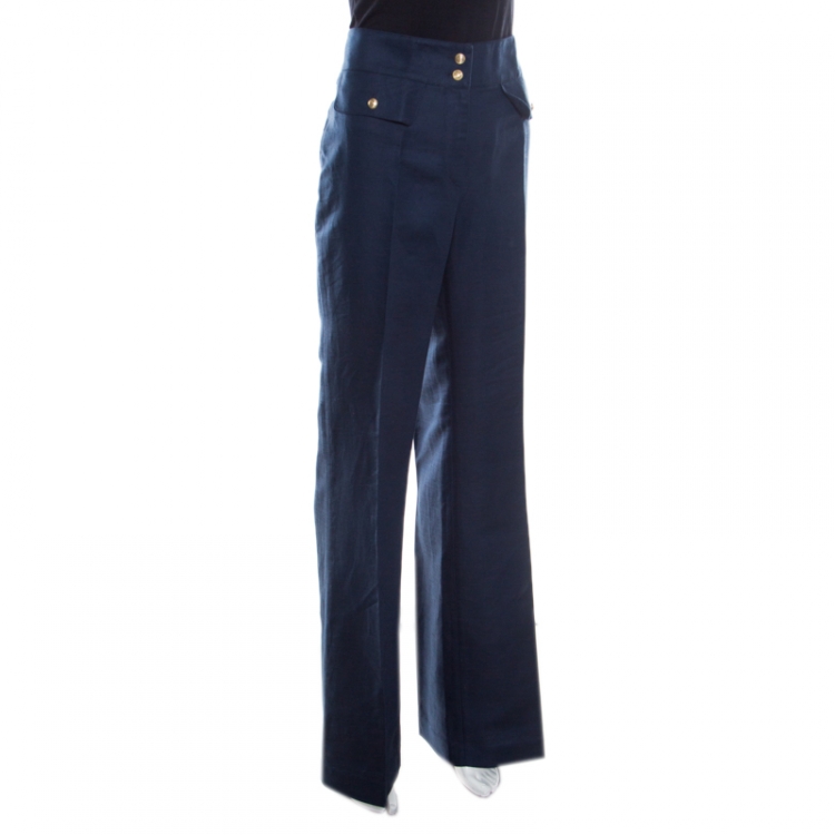 Pre Owned CH Carolina Herrera  Navy Blue Linen and Cotton Flared High Waist Trousers M