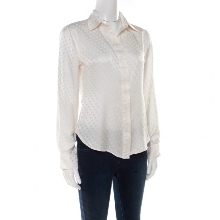 Pre Owned CH Carolina Herrera Off White Dotted Silk Long Sleeve Shirt M