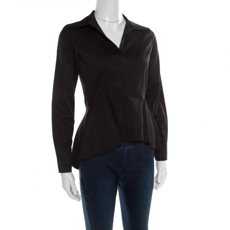 Pre Owned CH Carolina Herrera Black Cotton Peplum High Low Blouse XS