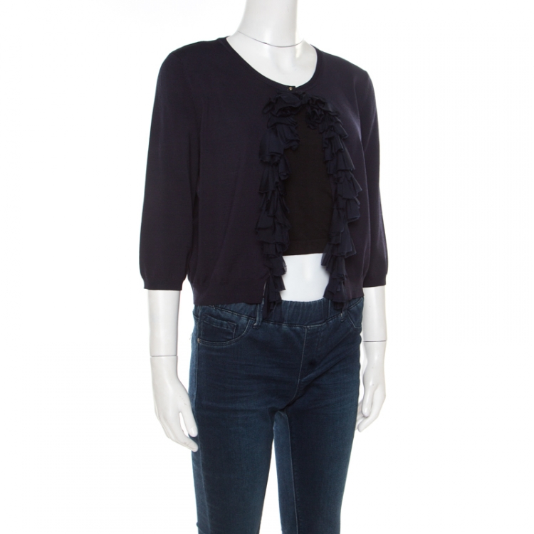 Pre Owned CH Carolina Herrera Navy Blue Knit Ruffle Detail Cropped Cardigan L