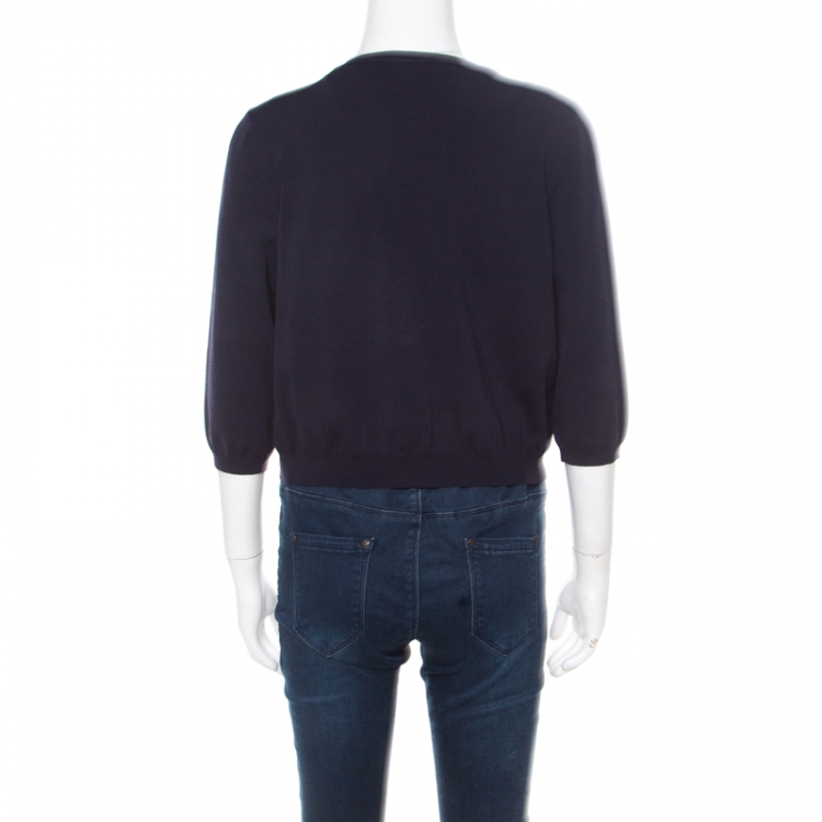 Pre Owned CH Carolina Herrera Navy Blue Knit Ruffle Detail Cropped Cardigan L
