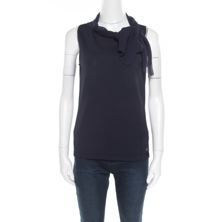 مملوكة مسبقًا CH Carolina Herrera Navy Blue Knit Draped Neck Sleeveless Top M