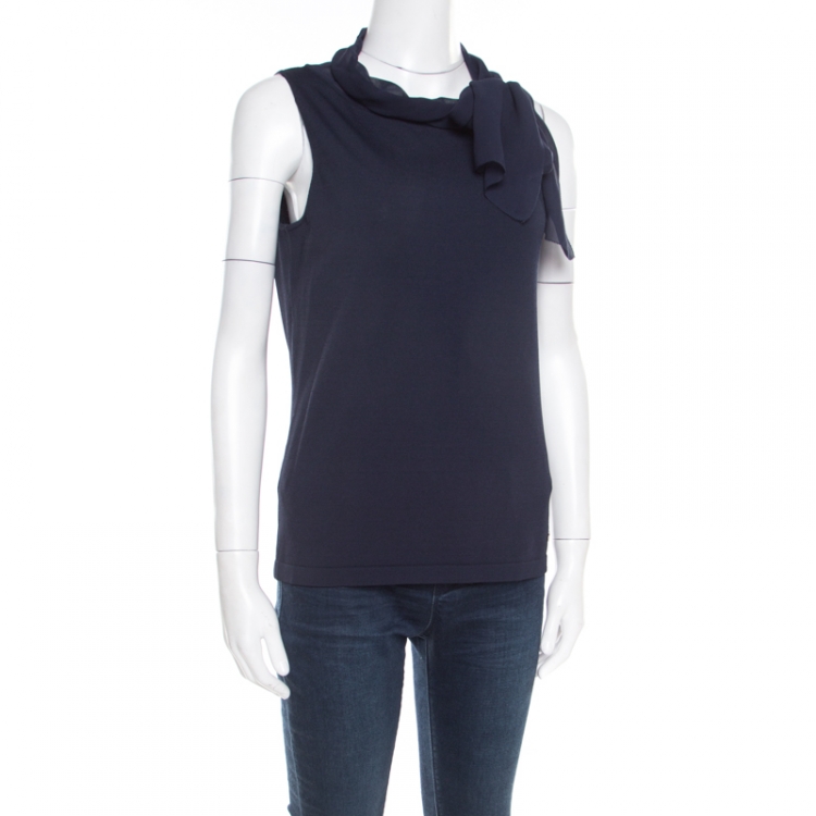 مملوكة مسبقًا CH Carolina Herrera Navy Blue Knit Draped Neck Sleeveless Top M