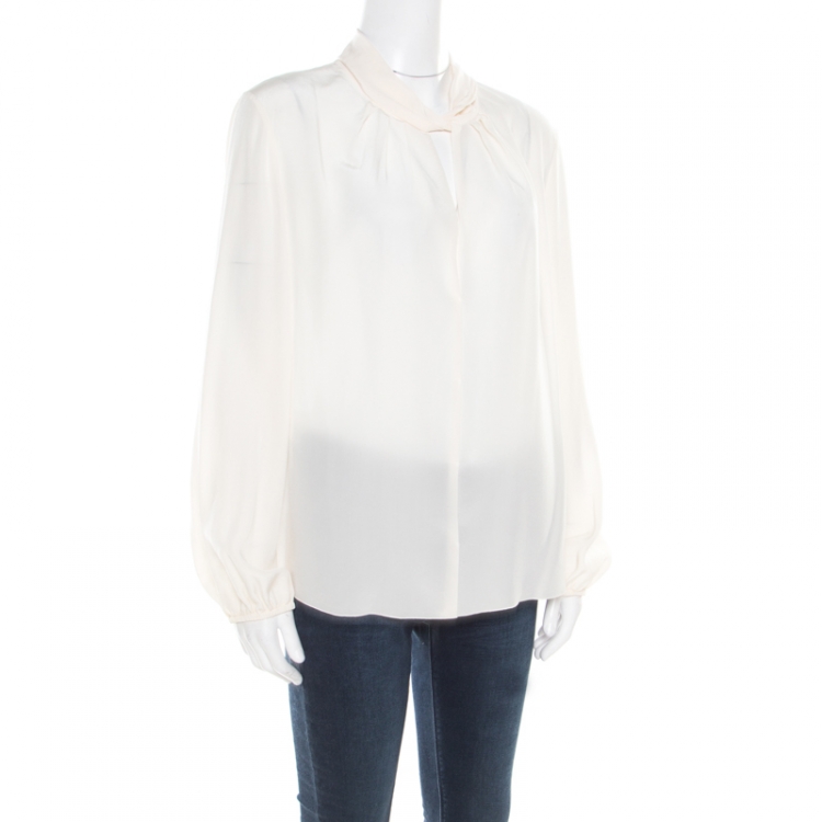 Pre Owned CH Carolina Herrera Cream Silk Twist Collar Detail Long Sleeve Blouse M