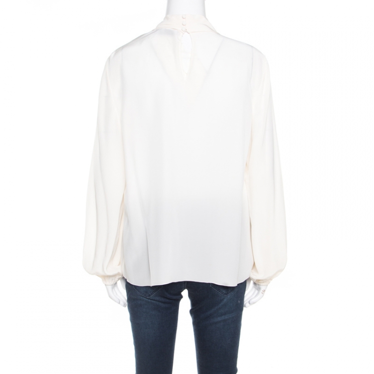 Pre Owned CH Carolina Herrera Cream Silk Twist Collar Detail Long Sleeve Blouse M