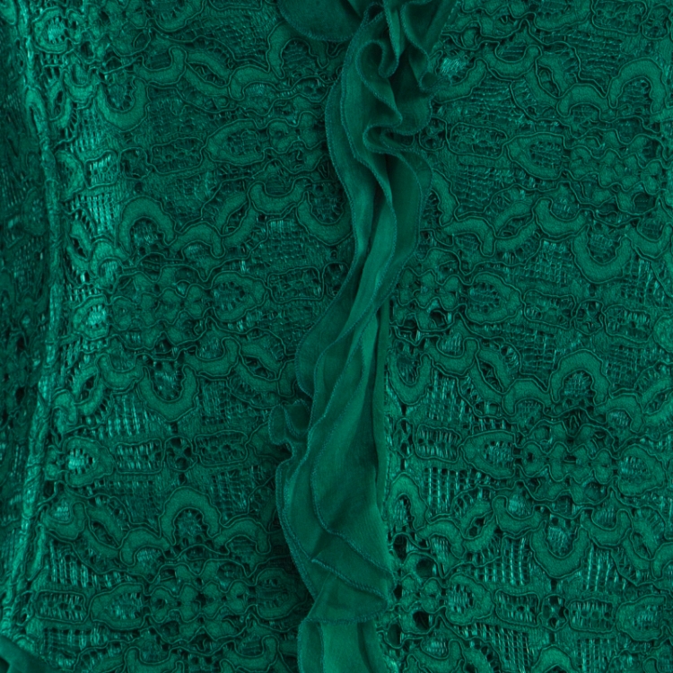 Pre Owned CH Carolina Herrera Emerald Green Floral Lace Jacket and Dress Set L