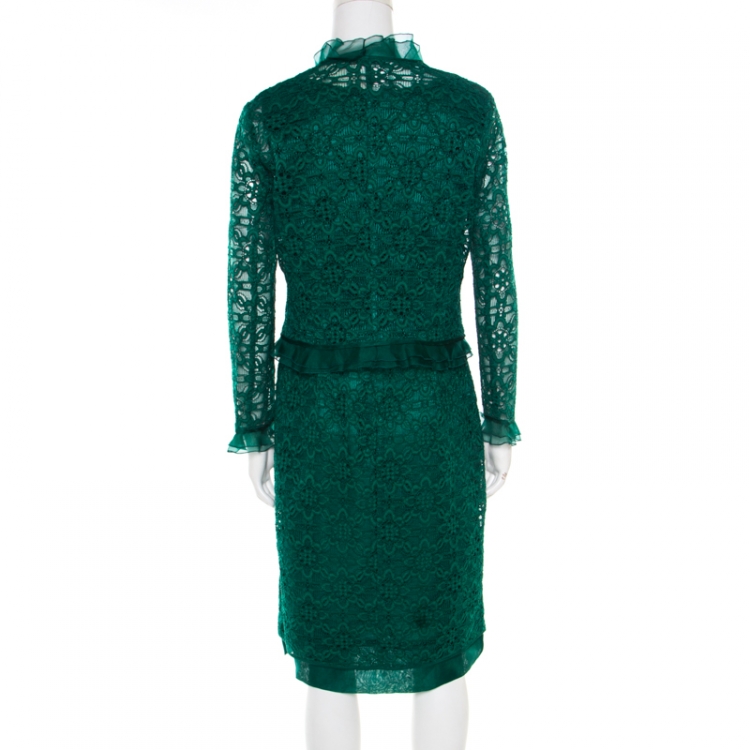 Pre Owned CH Carolina Herrera Emerald Green Floral Lace Jacket and Dress Set L