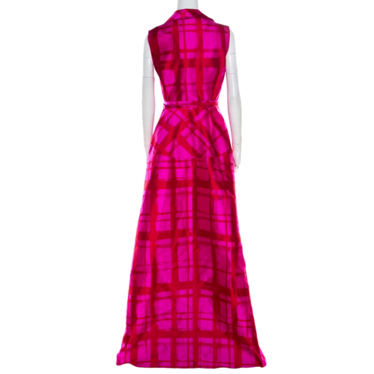 Pre Owned CH Carolina Herrera Pink and Red Gemoetric Jacquard Maxi Shirt Dress M
