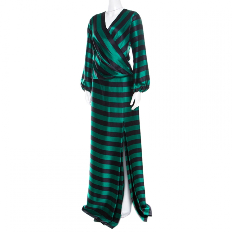 Pre Owned CH Carolina Herrera Green and Black Striped Satin Draped Blouse and Maxi Skirt Set M