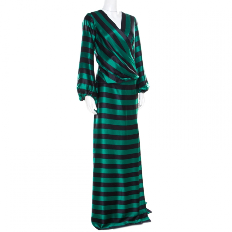Pre Owned CH Carolina Herrera Green and Black Striped Satin Draped Blouse and Maxi Skirt Set M