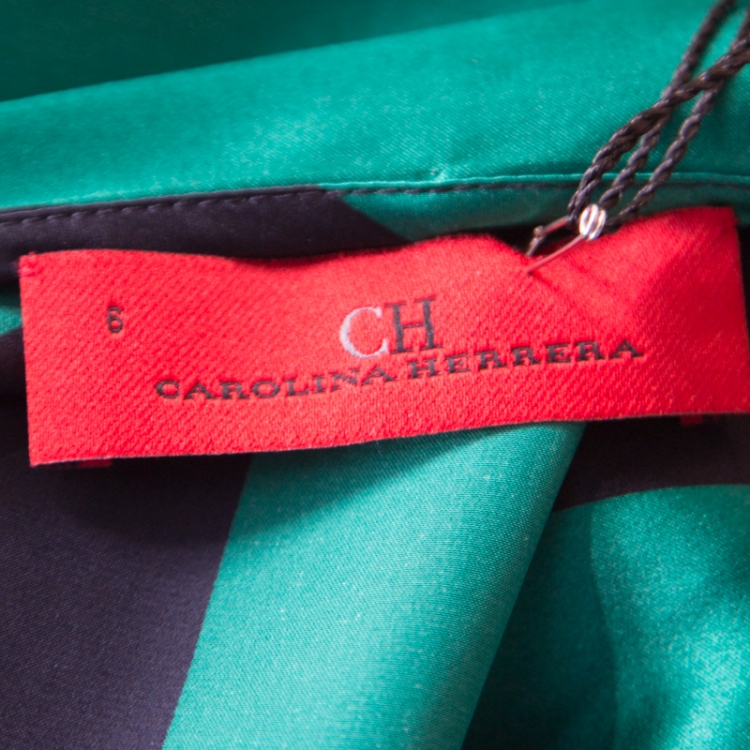 Pre Owned CH Carolina Herrera Green and Black Striped Satin Draped Blouse and Maxi Skirt Set M