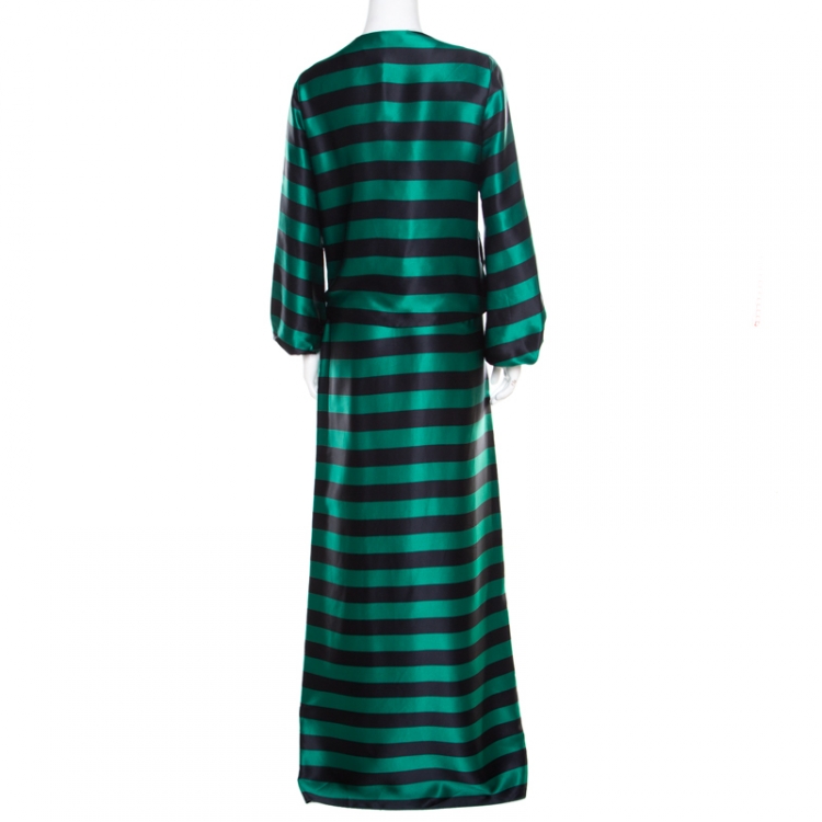 Pre Owned CH Carolina Herrera Green and Black Striped Satin Draped Blouse and Maxi Skirt Set M