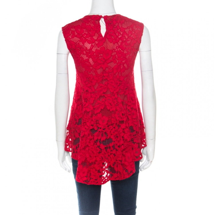 Pre Owned CH Carolina Herrera Red Lace Back Detail Sleeveless High Low Top XS