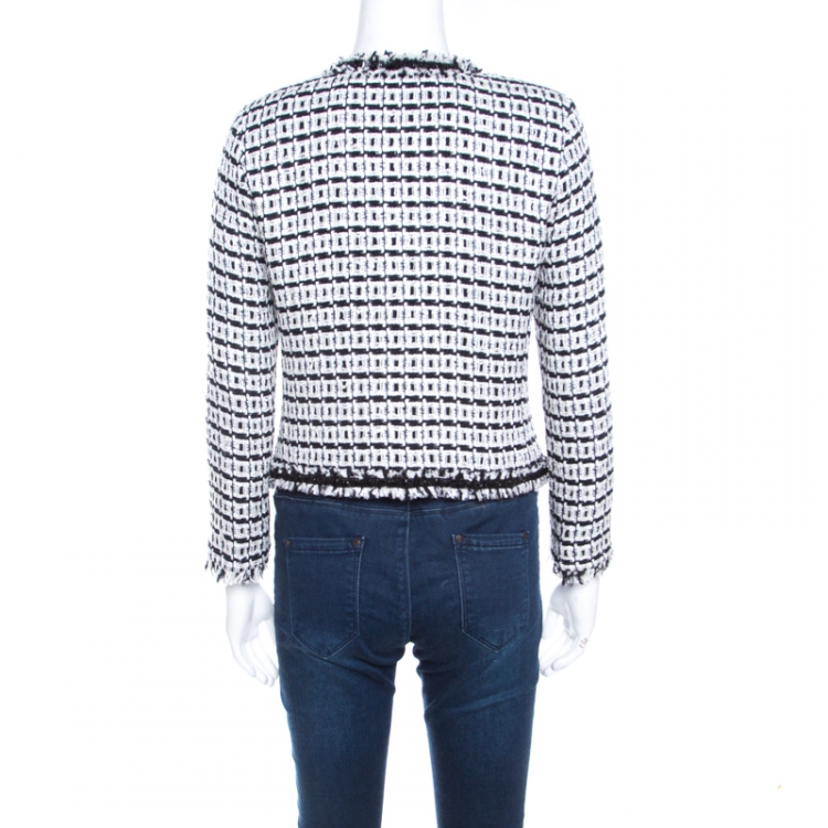 Pre Owned CH Carolina Herrera Monochrome Textured Bead Trim Cropped Boucle Jacket S