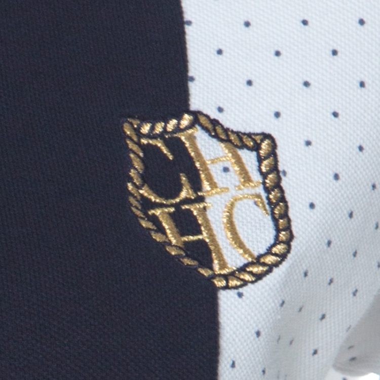 Pre Owned Carolina Herrera Navy Blue and White Polka Dot Colorblock Knit Polo T Shirt S 